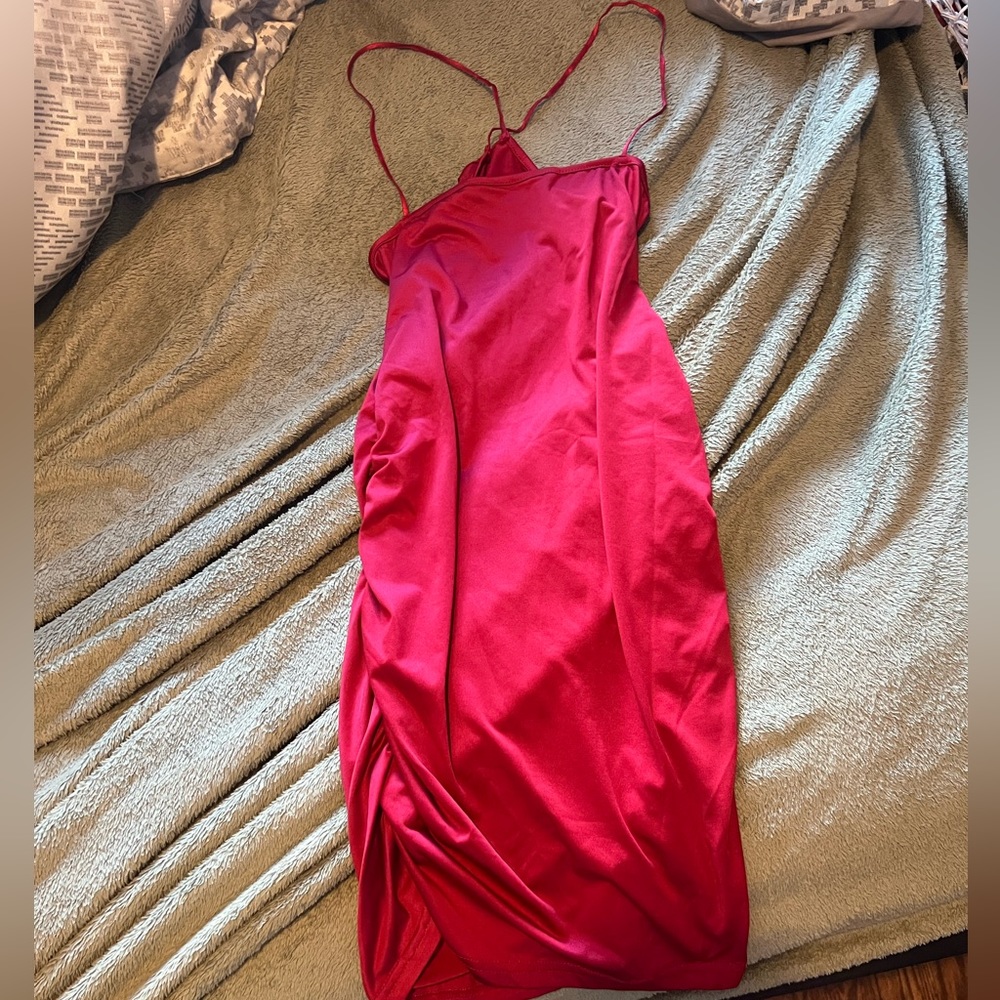 BRAND NEW Red Dress with Spaghetti Straps and runched on the right side.